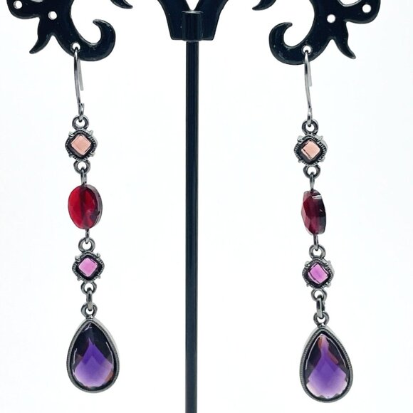 CHAPS Dangle Earrings Purple Teardrop Faceted Beads Gunmetal Tone Boho Glam - Picture 1 of 9